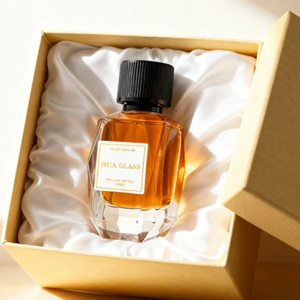 HUA0383 perfume bottle, multi-faceted geometric cut clear glass body with centered paper label, vertical ribbed cylindrical aluminum cap and matching neck ring in radiant gold or shiny black, modern architectural luxury fragrance packaging design in 50ml