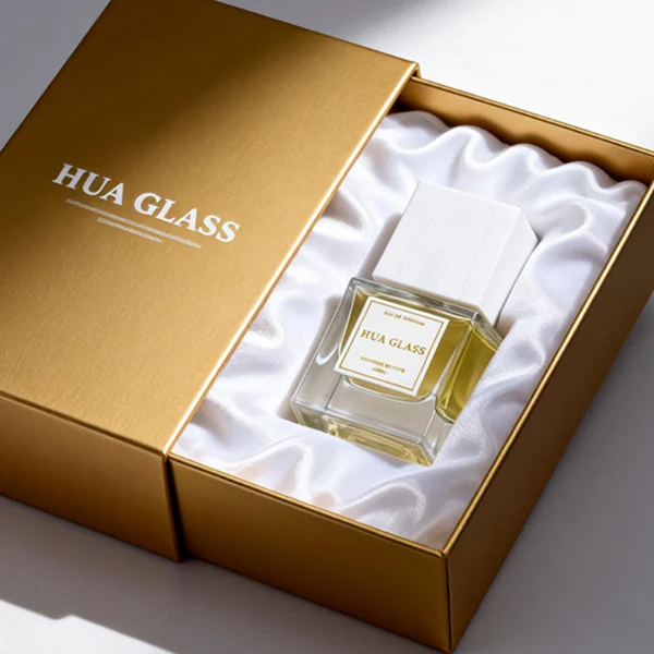 HUA0385 perfume bottle, square cubic clear glass body with heavy bottom and centered paper label, tall block cubic wooden cap showing organic wood grain textures in charcoal black or light grey-white, modern minimalist luxury fragrance packaging design available in 30ml, 50ml, and 100ml