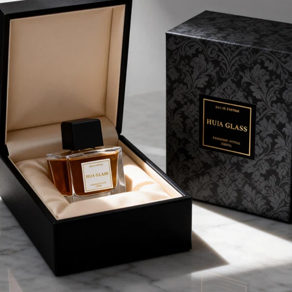 HUA0386 perfume bottle, flat rectangular cuboid clear glass body with heavy bottom and centered paper label, square cubic magnetic plastic cap in matte silver-grey or glossy black finishes, premium magnetic closure fragrance packaging design available in 30ml, 50ml, and 100ml