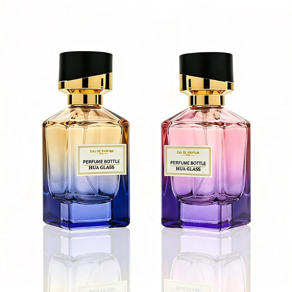 HUA0387 perfume bottle, fluted rectangular cuboid glass body with vibrant translucent amber-to-blue or pink-to-purple ombre gradient coating and centered paper label, unique slanted-top shiny black plastic cap with tiered gold neck, luxury Art Deco fragrance packaging design in 30ml