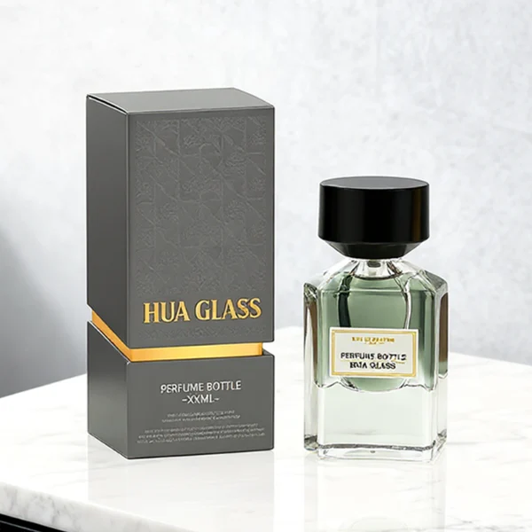HUA0387 perfume bottle, fluted rectangular cuboid glass body with vibrant translucent amber-to-blue or pink-to-purple ombre gradient coating and centered paper label, unique slanted-top shiny black plastic cap with tiered gold neck, luxury Art Deco fragrance packaging design in 30ml