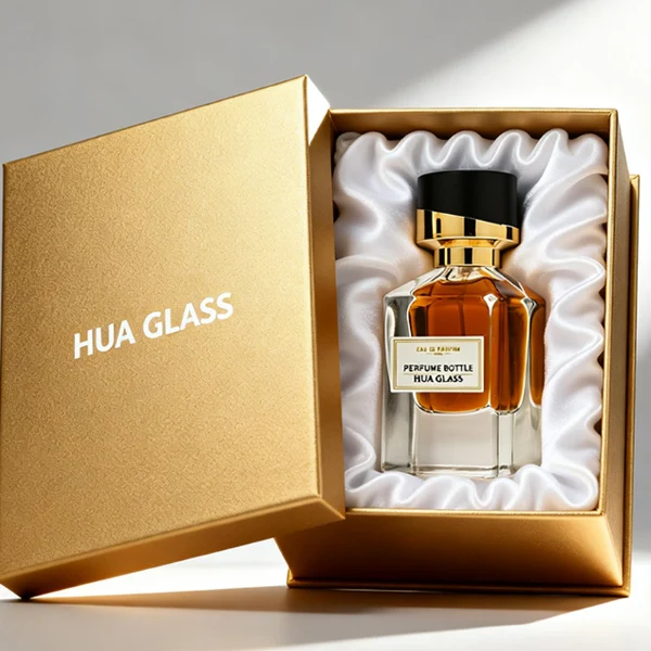 HUA0387 perfume bottle, fluted rectangular cuboid glass body with vibrant translucent amber-to-blue or pink-to-purple ombre gradient coating and centered paper label, unique slanted-top shiny black plastic cap with tiered gold neck, luxury Art Deco fragrance packaging design in 30ml
