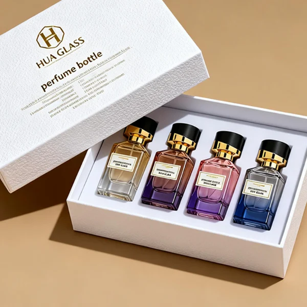 HUA0387 perfume bottle, fluted rectangular cuboid glass body with vibrant translucent amber-to-blue or pink-to-purple ombre gradient coating and centered paper label, unique slanted-top shiny black plastic cap with tiered gold neck, luxury Art Deco fragrance packaging design in 30ml