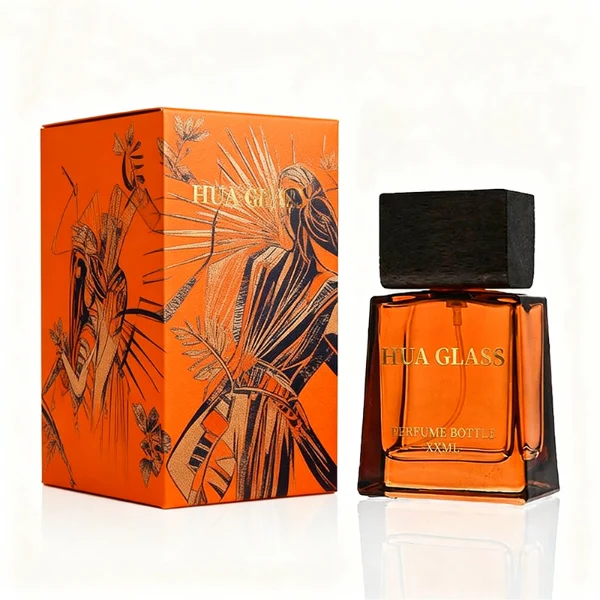 HUA0388 perfume bottle, flat trapezoidal clear glass body with heavy bottom and centered paper label, flat rectangular block wooden cap showing organic dark wood grain textures, luxury minimalist fragrance packaging design available in 50ml and 100ml