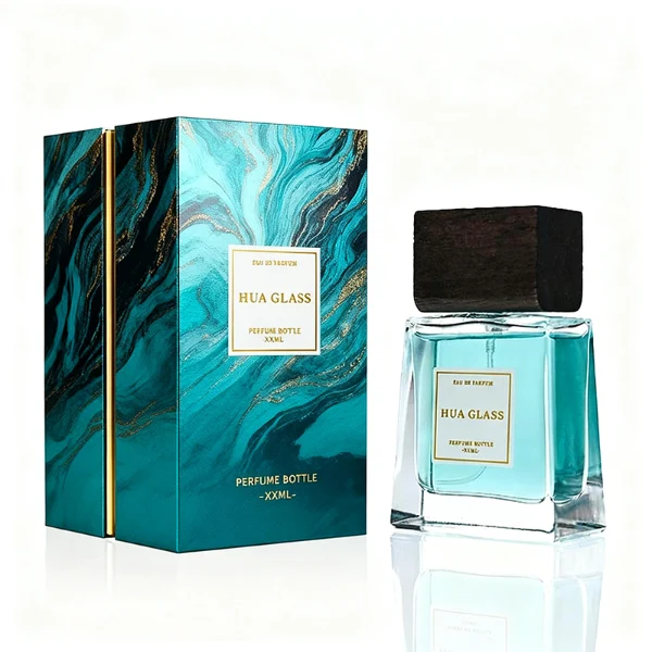 HUA0388 perfume bottle, flat trapezoidal clear glass body with heavy bottom and centered paper label, flat rectangular block wooden cap showing organic dark wood grain textures, luxury minimalist fragrance packaging design available in 50ml and 100ml