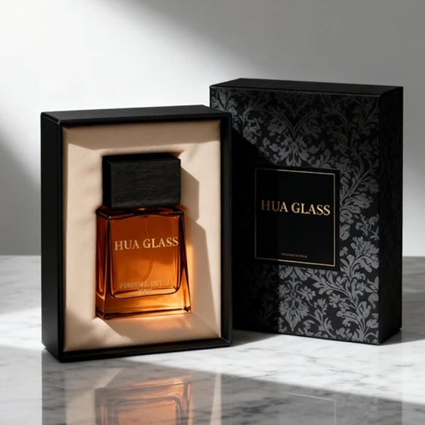 HUA0388 perfume bottle, flat trapezoidal clear glass body with heavy bottom and centered paper label, flat rectangular block wooden cap showing organic dark wood grain textures, luxury minimalist fragrance packaging design available in 50ml and 100ml