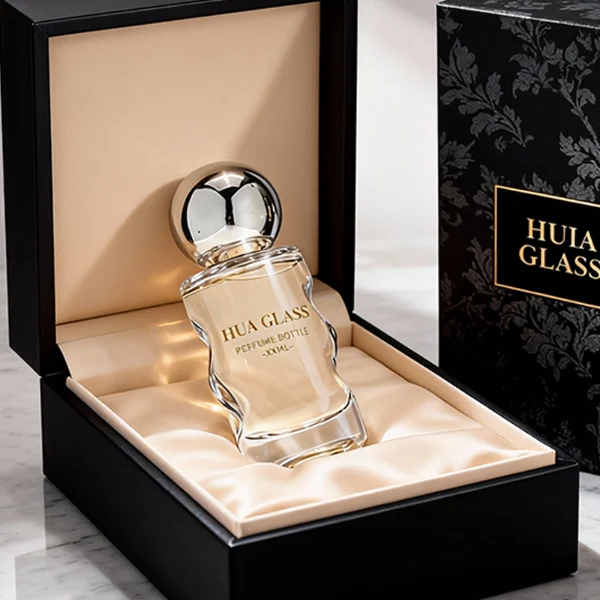 HUA0389 perfume bottle, wavy contoured cylindrical translucent colored glass body with centered gold brand logo and text, sleek spherical dome plastic cap in shiny silver chrome, avant-garde luxury fragrance packaging design in 50ml