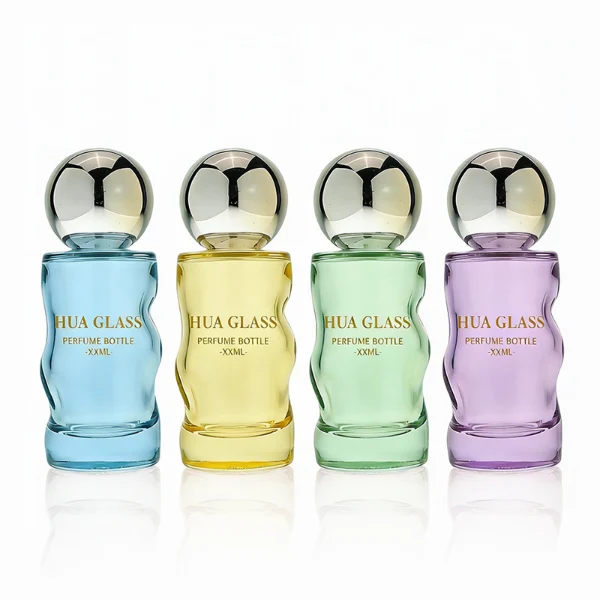 HUA0389 perfume bottle, wavy contoured cylindrical translucent colored glass body with centered gold brand logo and text, sleek spherical dome plastic cap in shiny silver chrome, avant-garde luxury fragrance packaging design in 50ml