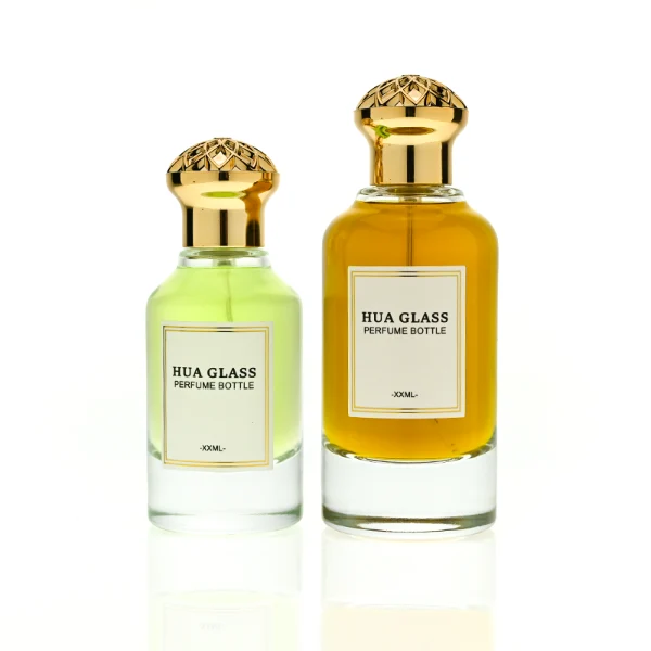 HUA0391 Perfume Bottle – Cylindrical Clear Glass with Matching Gold Neck and Crown Textured Plastic Cap, Vintage Royal Luxury Design (1)