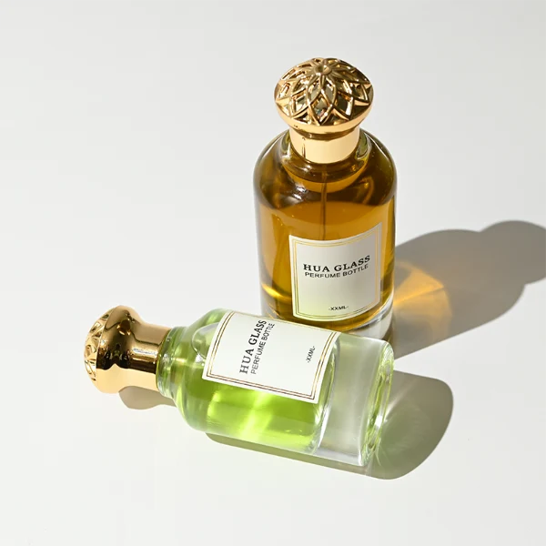 HUA0391 Perfume Bottle – Cylindrical Clear Glass with Matching Gold Neck and Crown Textured Plastic Cap, Vintage Royal Luxury Design (12)