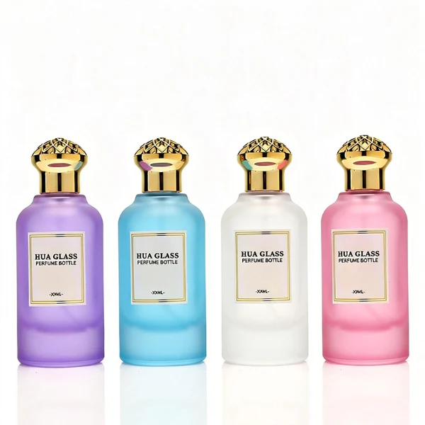 HUA0391 Perfume Bottle – Cylindrical Clear Glass with Matching Gold Neck and Crown Textured Plastic Cap, Vintage Royal Luxury Design (2)