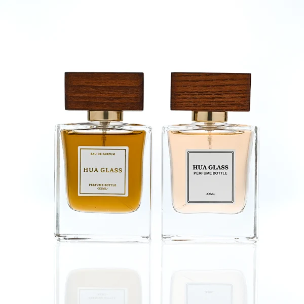 HUA0392 Perfume Bottle – Rectangular Clear Glass with Heavy Bottom and Block Walnut Wooden Cap, Modern Minimalist Design (1)