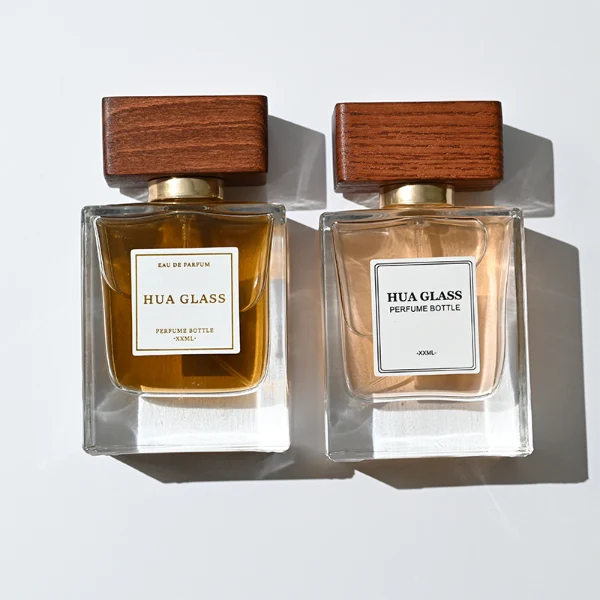 HUA0392 Perfume Bottle – Rectangular Clear Glass with Heavy Bottom and Block Walnut Wooden Cap, Modern Minimalist Design (3)