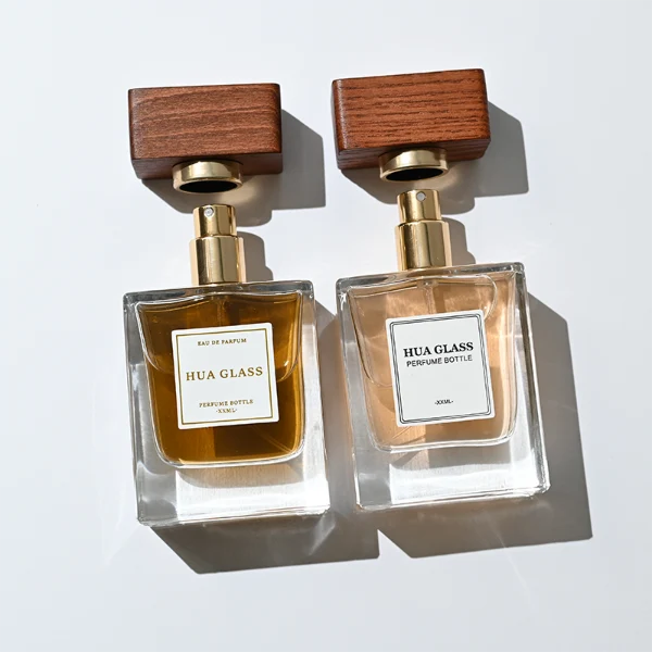 HUA0392 Perfume Bottle – Rectangular Clear Glass with Heavy Bottom and Block Walnut Wooden Cap, Modern Minimalist Design (5)