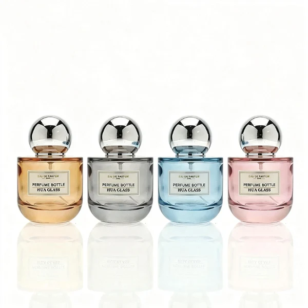 HUA0393 Perfume Bottle – Semi Circular Clear Glass with Heavy Bottom and Shiny Spherical Plastic Cap, Modern Luxury Design (1)