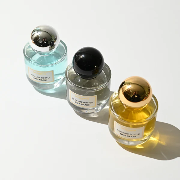 HUA0393 Perfume Bottle – Semi Circular Clear Glass with Heavy Bottom and Shiny Spherical Plastic Cap, Modern Luxury Design (17)