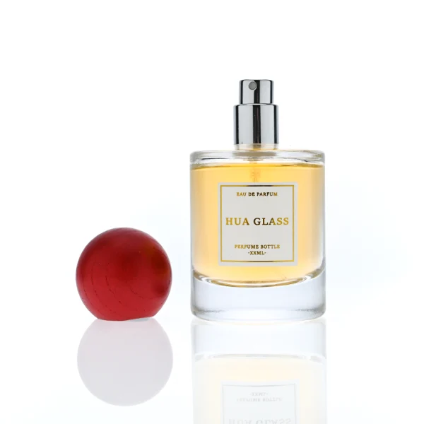 HUA0394 Perfume Bottle – Cylindrical Clear Glass with Heavy Bottom and Spherical Wooden Cap, Modern Minimalist Design (3)
