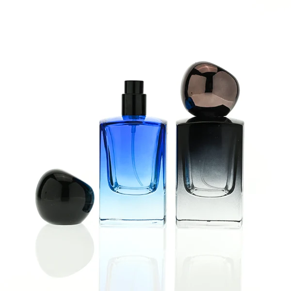 HUA0395 Perfume Bottle – Rectangular Gradient Glass with Heavy Bottom and Shiny Pebble Stone Shaped Plastic Cap, Modern Avant Garde Design (11)