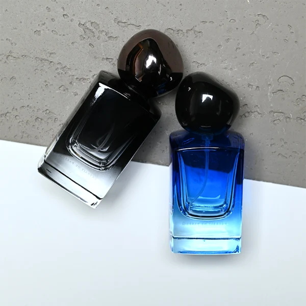 HUA0395 Perfume Bottle – Rectangular Gradient Glass with Heavy Bottom and Shiny Pebble Stone Shaped Plastic Cap, Modern Avant Garde Design (13)