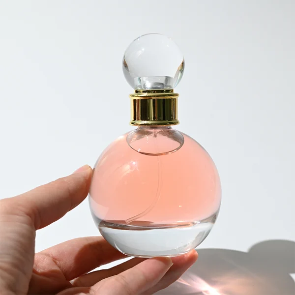 HUA0396 Perfume Bottle – Spherical Clear Glass with Gold Textured Neck and Transparent Ball Plastic Cap, Romantic Vintage Design (11)