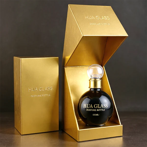 HUA0396 Perfume Bottle – Spherical Clear Glass with Gold Textured Neck and Transparent Ball Plastic Cap, Romantic Vintage Design (20)