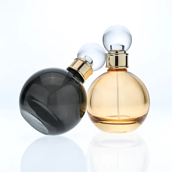 HUA0396 Perfume Bottle – Spherical Clear Glass with Gold Textured Neck and Transparent Ball Plastic Cap, Romantic Vintage Design (4)