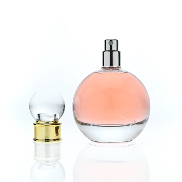 HUA0396 Perfume Bottle – Spherical Clear Glass with Gold Textured Neck and Transparent Ball Plastic Cap, Romantic Vintage Design (6)