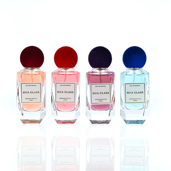 HUA0397 Perfume Bottle – Faceted Clear Glass with Heavy Bottom and Spherical Velvet Flocking Plastic Cap, Luxury Contemporary Design (6)