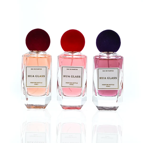 HUA0397 Perfume Bottle – Faceted Clear Glass with Heavy Bottom and Spherical Velvet Flocking Plastic Cap, Luxury Contemporary Design (7)