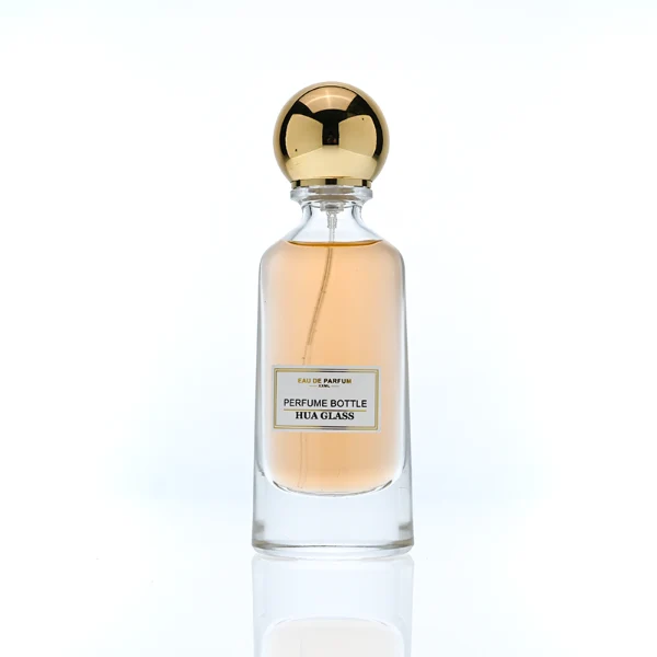 HUA0398 Perfume Bottle – Elongated Clear Glass with Heavy Bottom and Shiny Spherical Magnetic Plastic Cap, Modern Luxury Design (3)