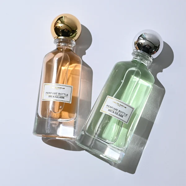 HUA0398 Perfume Bottle – Elongated Clear Glass with Heavy Bottom and Shiny Spherical Magnetic Plastic Cap, Modern Luxury Design (5)