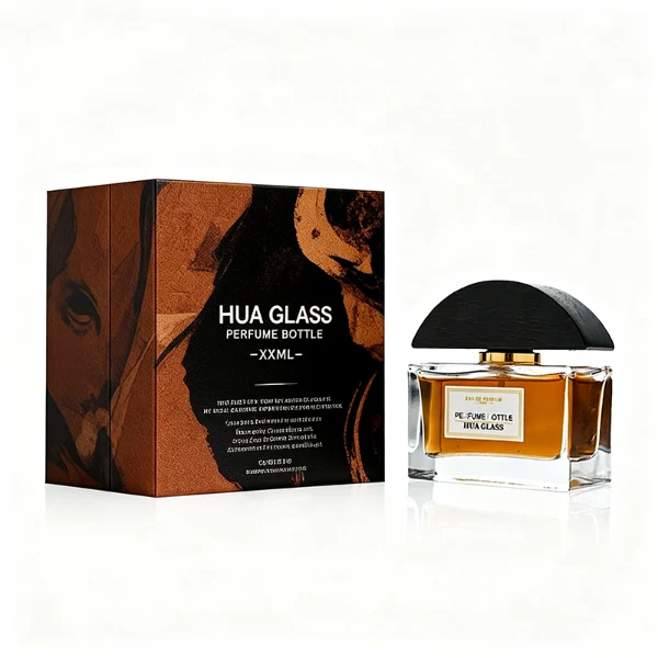 HUA0400 perfume bottle, flat rectangular cuboid glass body in transparent clear or translucent smoky black with heavy bottom and centered paper label, unique semi-circular arch-shaped wooden cap in matte black texture with shiny gold neck, modern luxury fragrance packaging design available in 30ml, 50ml, and 100ml