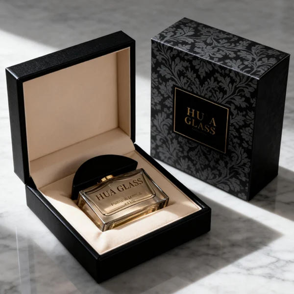 HUA0400 perfume bottle, flat rectangular cuboid glass body in transparent clear or translucent smoky black with heavy bottom and centered paper label, unique semi-circular arch-shaped wooden cap in matte black texture with shiny gold neck, modern luxury fragrance packaging design available in 30ml, 50ml, and 100ml