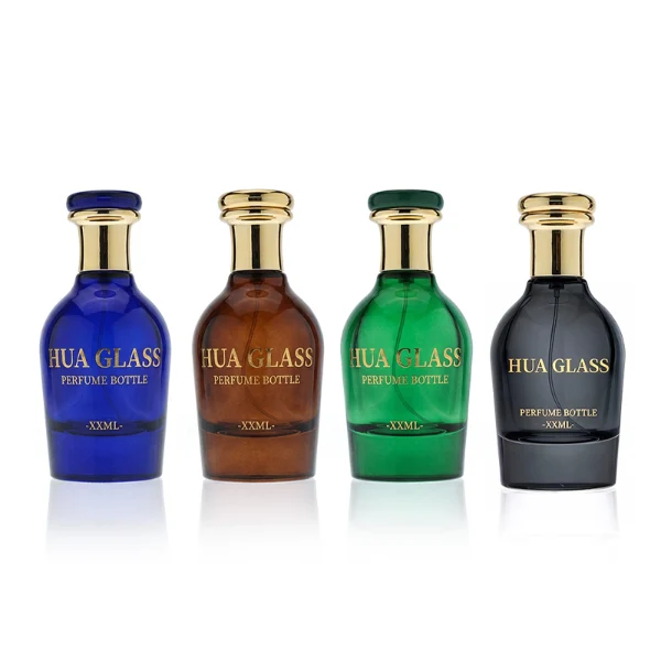HUA0401 perfume bottle, pear-shaped translucent colored glass body in blue, red, green or black with centered gold brand logo, flat disc plastic cap and matching elongated tapered neck in shiny radiant gold, regal luxury fragrance packaging design in 100ml
