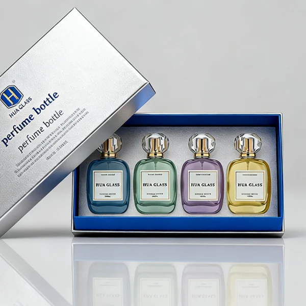 HUA0402 perfume bottle, flat squircle rounded square glass body with translucent coating in blue, green, purple or yellow and centered paper label, multi-faceted crystal-clear transparent spherical plastic ball cap with an engraved decorative shiny gold neck, romantic luxury fragrance packaging design available in 30ml, 50ml, and 100ml