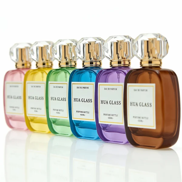 HUA0402 perfume bottle, flat squircle rounded square glass body with translucent coating in blue, green, purple or yellow and centered paper label, multi-faceted crystal-clear transparent spherical plastic ball cap with an engraved decorative shiny gold neck, romantic luxury fragrance packaging design available in 30ml, 50ml, and 100ml