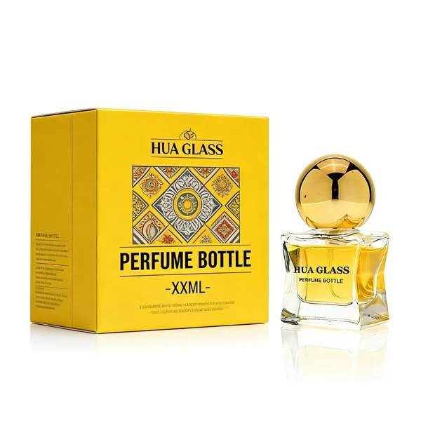 HUA0403 perfume bottle, compact cubic square glass body with translucent coating in blue, pink, black, green or brown and centered printed black brand logo, sleek spherical dome plastic cap in shiny gold finish, modern luxury fragrance packaging design in 15ml