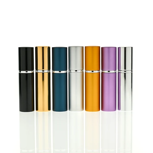 HUA0405 perfume bottle, slim cylindrical travel atomizer with metallic multi-color outer sleeve in black, gold, blue, silver, orange or purple, protecting an internal glass refillable vial, modern minimalist travel fragrance packaging design available in 10ml