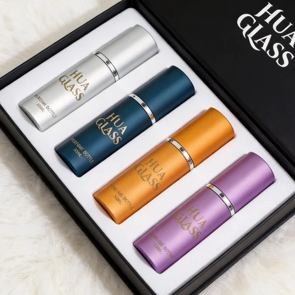 HUA0405 perfume bottle, slim cylindrical travel atomizer with metallic multi-color outer sleeve in black, gold, blue, silver, orange or purple, protecting an internal glass refillable vial, modern minimalist travel fragrance packaging design available in 10ml