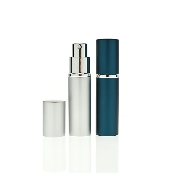 HUA0405 perfume bottle, slim cylindrical travel atomizer with metallic multi-color outer sleeve in black, gold, blue, silver, orange or purple, protecting an internal glass refillable vial, modern minimalist travel fragrance packaging design available in 10ml
