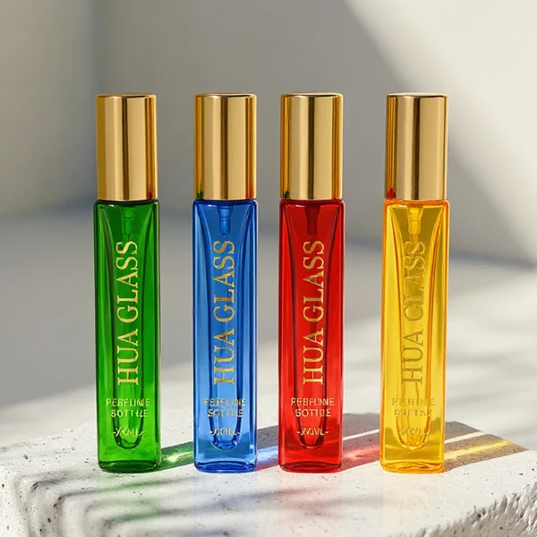 HUA0406 perfume bottle, slim cylindrical glass travel atomizer with transparent multi-color glass body in green, blue, red or yellow, featuring a luxury gold cylindrical zamak cap, modern minimalist travel fragrance packaging design available in 10ml