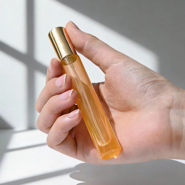 HUA0407 perfume bottle, slim cylindrical glass travel atomizer with tinted semi-transparent multi-color glass body in smoky black, orange or green featuring a subtle brand logo, topped with a luxury gold or black cylindrical zamak cap, modern minimalist travel fragrance packaging available in 10ml