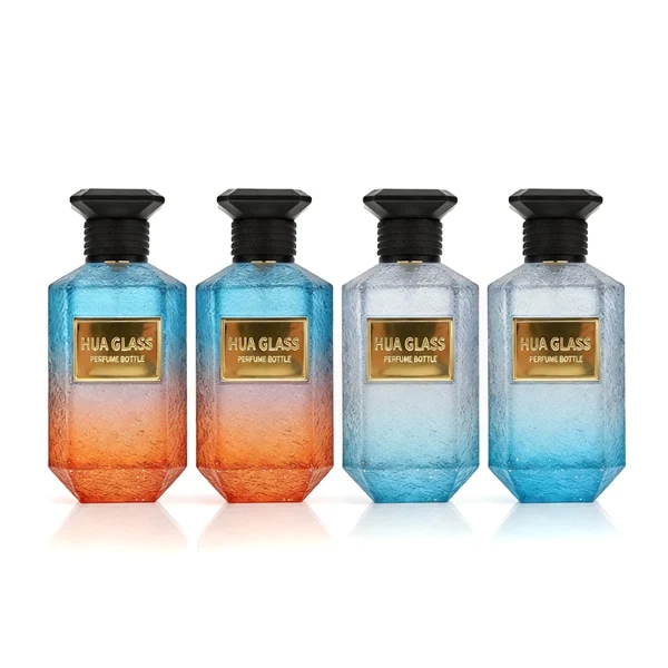 HUA0408 perfume bottle, luxury square diamond-cut glass bottle with vibrant multi-color gradient finish in blue, pink, or purple, featuring a metallic gold aluminum label and a unique black plastic cap, modern elegant fragrance packaging design available in 30ml, 50ml, and 100ml