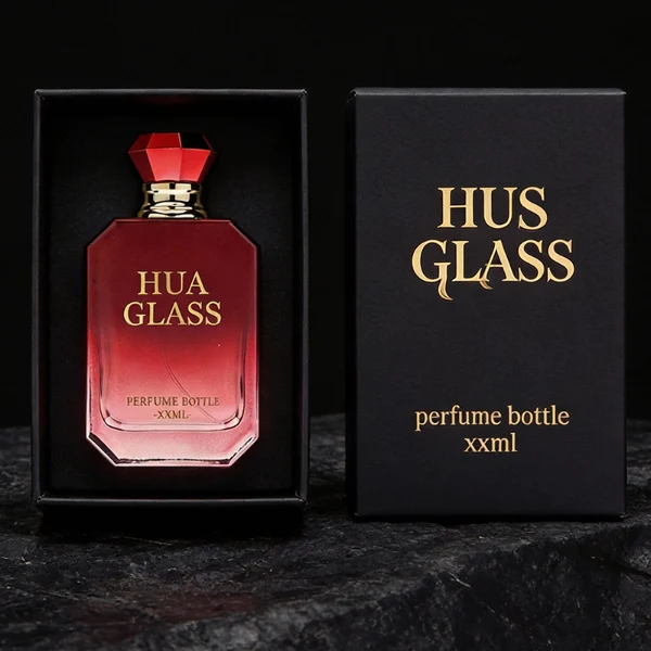 HUA0410 perfume bottle, luxury beveled corner square glass bottle with vibrant gradient or solid finish in black, yellow, pink, or red, featuring a printed gold logo, a silver-colored collar, and a faceted diamond-cut geometric plastic cap, modern elegant fragrance packaging design available in 30ml, 50ml, and 100ml