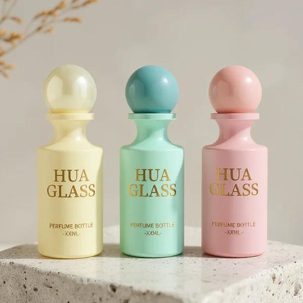 HUA0413 perfume bottle, luxury apothecary-style cylindrical glass bottle with solid opaque glossy finish in blue, green, pink, or ivory, featuring a narrow neck and a matching large round ball plastic cap, modern elegant fragrance packaging design available in 30ml, 50ml, and 100ml