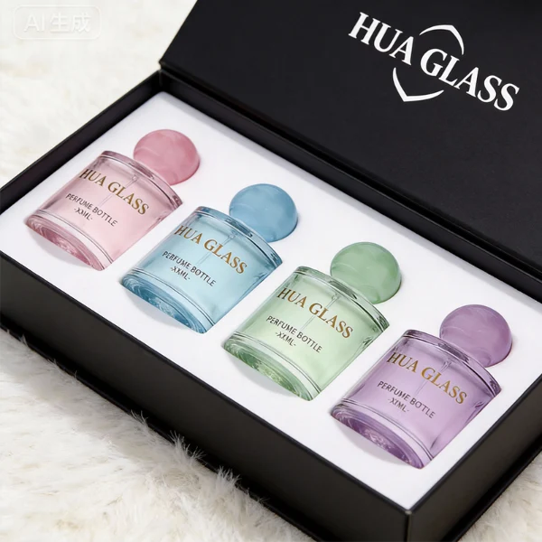 ]HUA0414 perfume bottle, luxury short cylindrical glass bottle with transparent pink finish, featuring a printed gold logo, a pink-colored collar, and a large round ball resin cap with a pink marble swirl pattern, modern elegant fragrance packaging design available in 30ml, 50ml, and 100ml