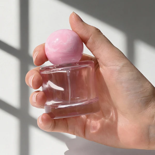 ]HUA0414 perfume bottle, luxury short cylindrical glass bottle with transparent pink finish, featuring a printed gold logo, a pink-colored collar, and a large round ball resin cap with a pink marble swirl pattern, modern elegant fragrance packaging design available in 30ml, 50ml, and 100ml