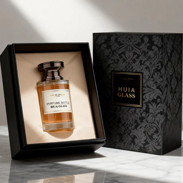 HUA0415 perfume bottle, luxury heavy-base cylindrical glass bottle with high-transparency finish showing colored liquid, featuring a gold-bordered square paper label and a unique layered hourglass-shaped plastic cap, modern elegant fragrance packaging design available in 30ml, 50ml, and 100ml