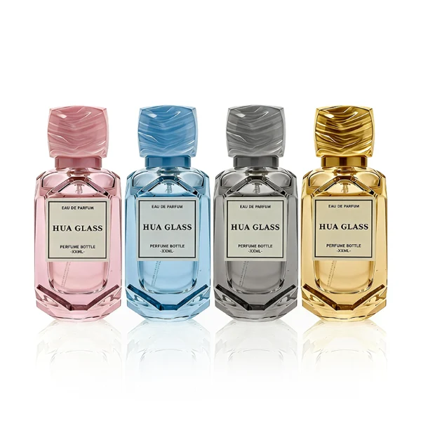 HUA0416 perfume bottle, luxury square glass bottle with a pentagonal faceted geometric shape and high-transparency finish showing colored liquid, featuring a bordered square paper label and a unique faceted square block resin cap with a marble swirl pattern, modern elegant fragrance packaging design available in 30ml and 50ml