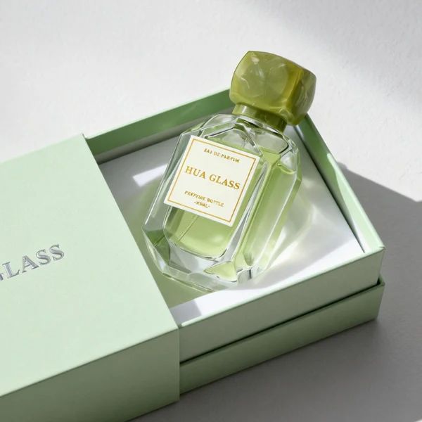 HUA0416 perfume bottle, luxury square glass bottle with a pentagonal faceted geometric shape and high-transparency finish showing colored liquid, featuring a bordered square paper label and a unique faceted square block resin cap with a marble swirl pattern, modern elegant fragrance packaging design available in 30ml and 50ml